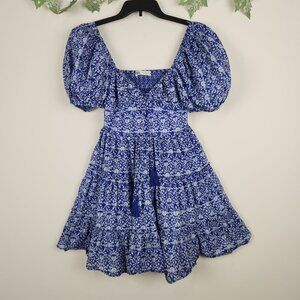 Zara Size XS Blue Floral Tiered Puff Sleeves Smocked Boho Mini Dress